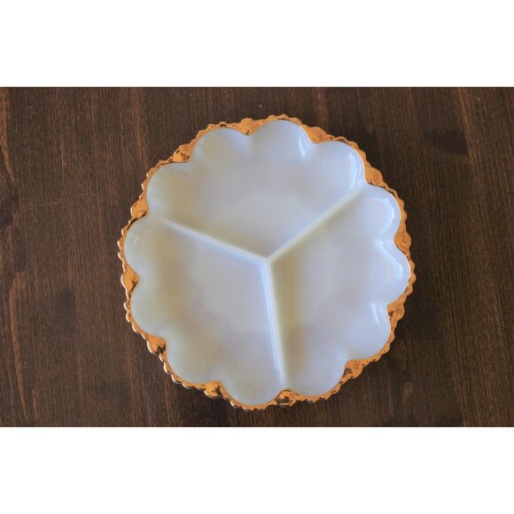 Milk Glass Divided Serving Platter 10" Holiday Divided Serving Dish Gold Rimmed - Picture 1 of 2